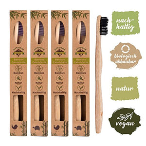 Pack de 4 brosses à dents en bambou biodégradable, poils souples infusés au charbon végétal, Ergonomique et Vegan.