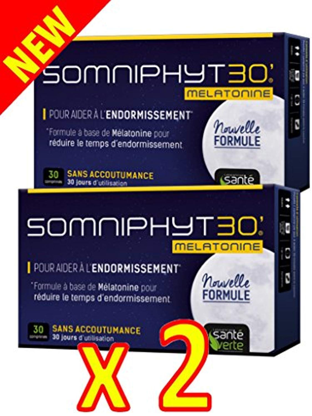 SANTE VERTE Somniphyt Mélatonine 1 mg Nouvelle Formule - Lot de 2 x 30 comprimés