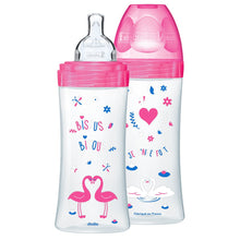 DODIE biberons anti colique  Sensation+ 330ml FUSHIA CYGNES +6 mois tétine plate débit 3 – lot de 2