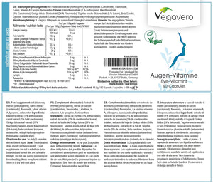 Vitamines pour les Yeux | Vue - Vision | 90 gélules | Myrtille + Carotte + Vitamine A + Astaxanthine | Cure d'1 mois | Qualité Vegavero - 100% naturel | Certifié végan | Made in Germany